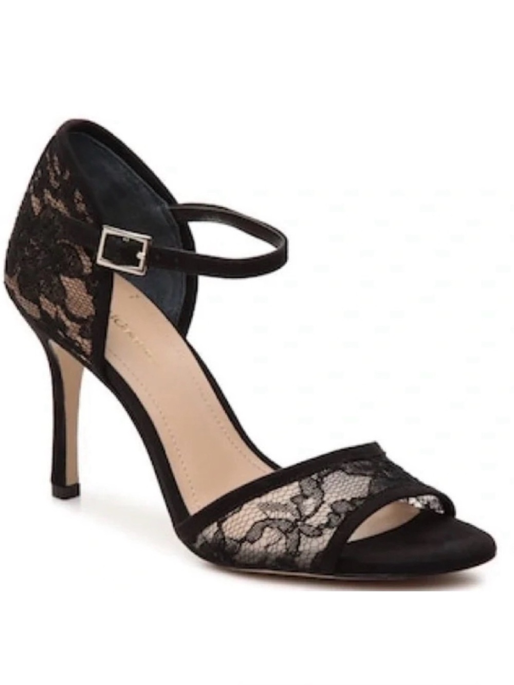 Black lace peep toe BCBG ankle strap heels, size 7.5